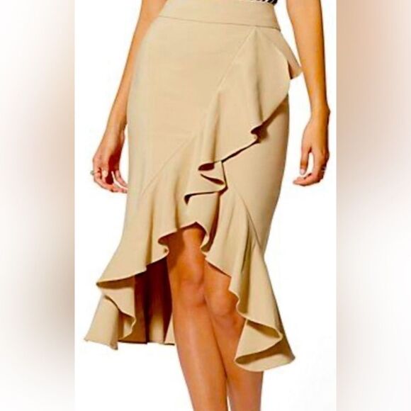 Expressss Skirt Sz 8 Tan Brown Slimming Ruffle Front Side Zipper Midi New Silky - Picture 1 of 9